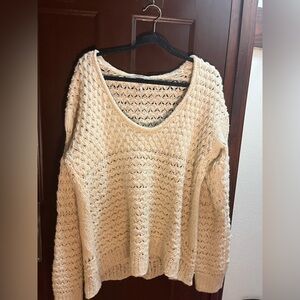 Free People Oversized Cream Slight V-Neck Sweater